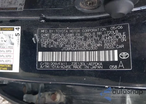 2006 Toyota Corolla Ce from USA, damaged, VIN JTDBR32E660092300